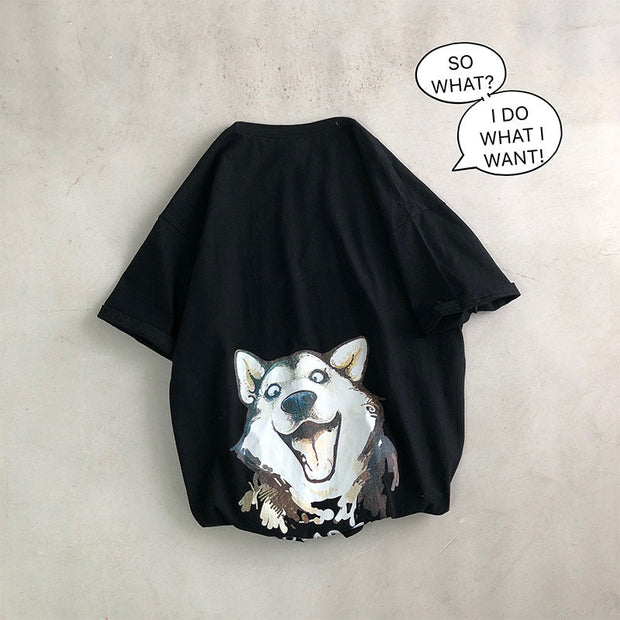 Cartoon Husky Print Loose Casual T-shirt