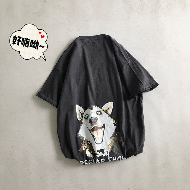 Cartoon Husky Print Loose Casual T-shirt