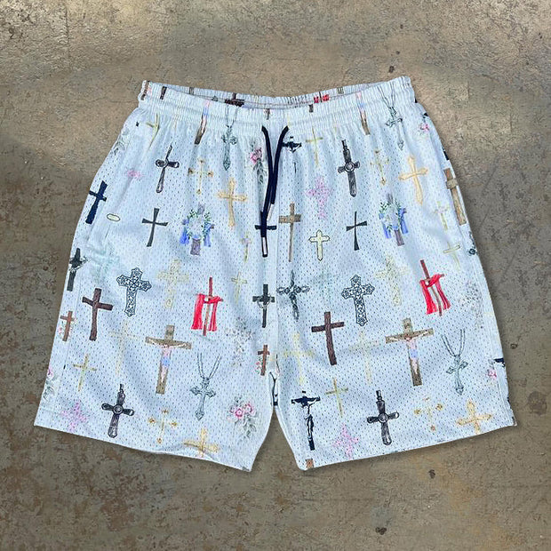 Casual Cross Print Mesh Drawstring Shorts