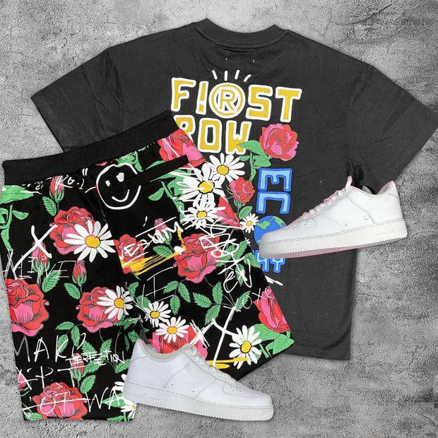 Tide brand retro casual street short-sleeved print suit