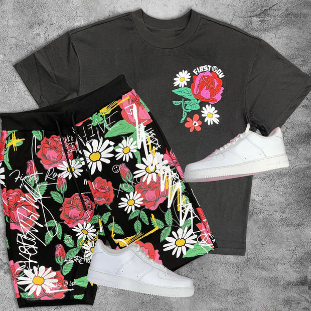 Tide brand retro casual street short-sleeved print suit