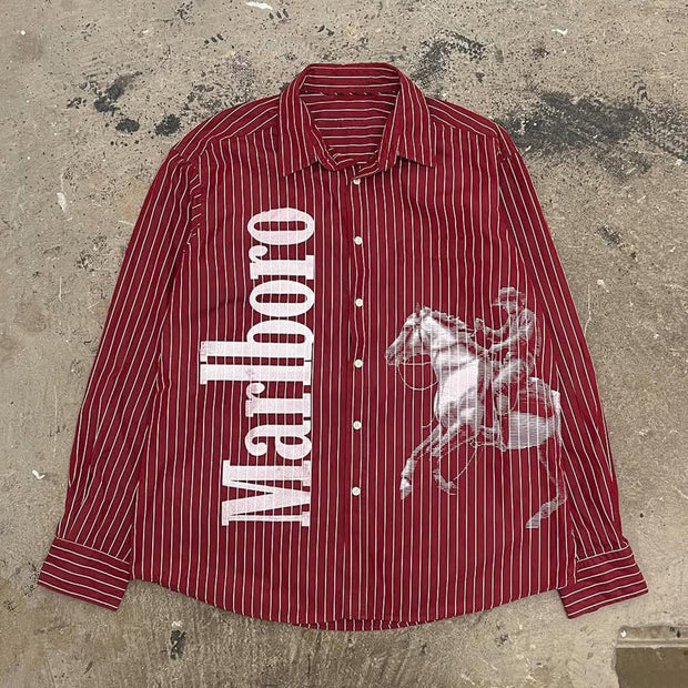 Fashion Letters Stripes Print Button Long Sleeve Shirt