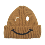 Smiley face knitted hat plus velvet thickened earmuffs woolen cap embroidery cold hat women
