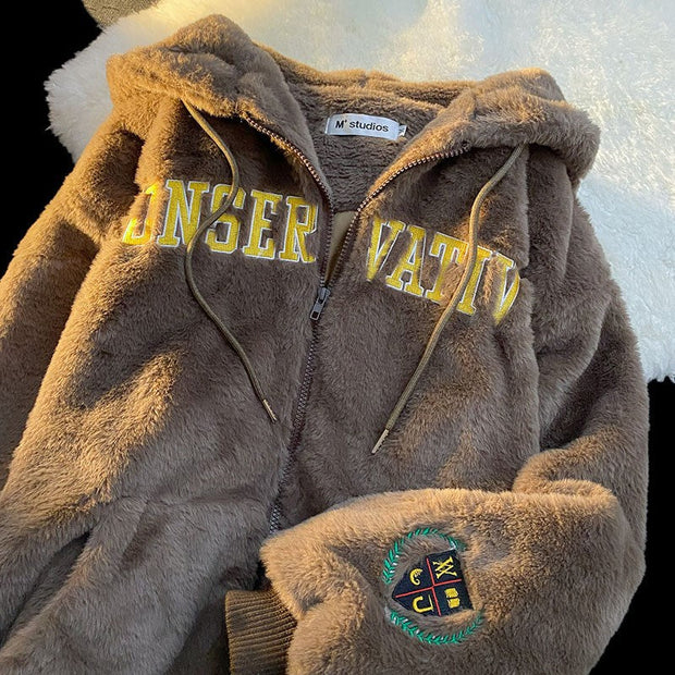 Embroidered casual thickened plus velvet lamb wool coat