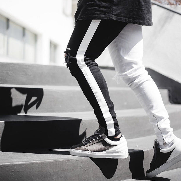 Asymmetric colorblock shredded straight zip jeans