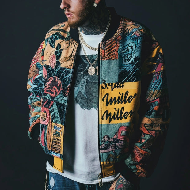 Retro patchwork graffiti casual street zipper jacket
