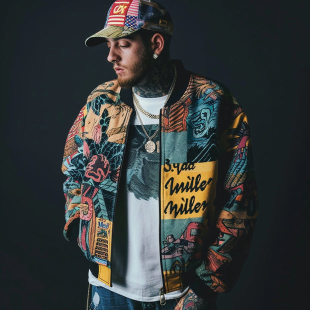 Retro patchwork graffiti casual street zipper jacket
