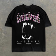 Wolf Sakura Slogan Graphic Print Short Sleeve T-Shirt