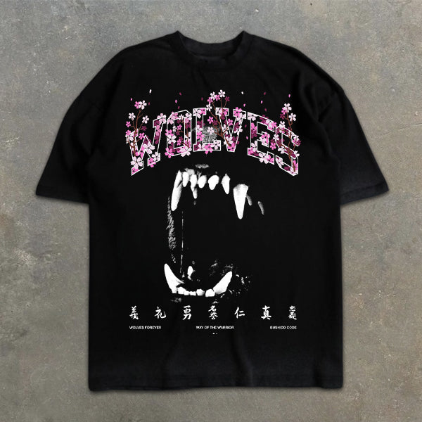 Wolf Sakura Slogan Graphic Print Short Sleeve T-Shirt