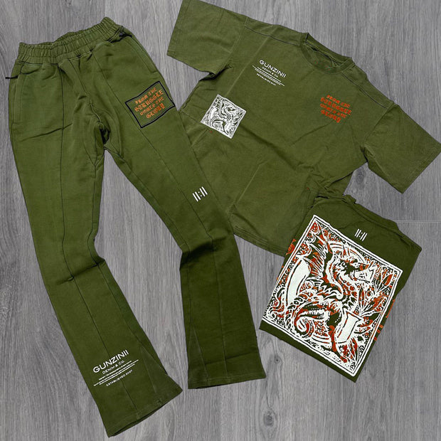 Casual street dragon print T-shirt and trousers two-piece suit