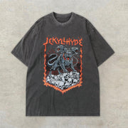 Vintage Skull Three-Headed Dog Print T-Shirt