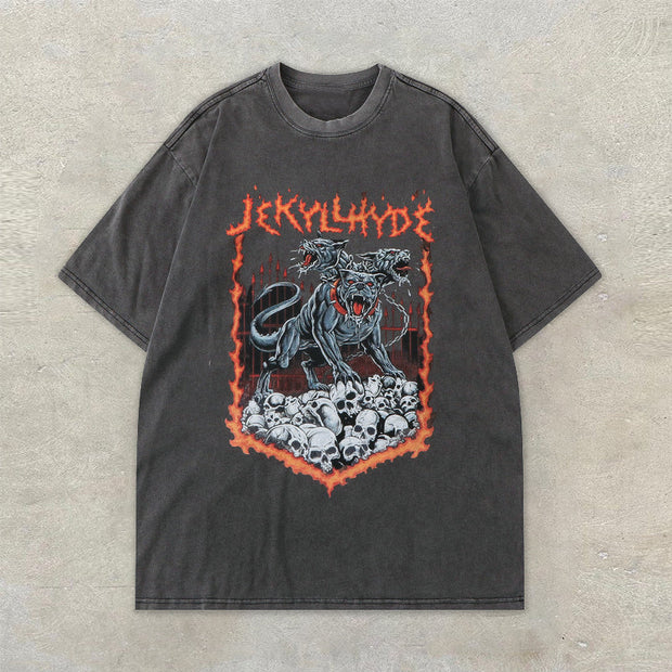 Vintage Skull Three-Headed Dog Print T-Shirt