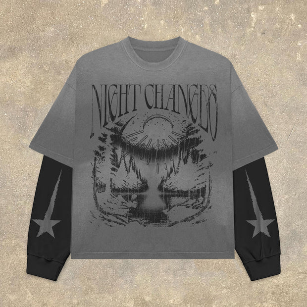Fake Two Night Changes Print Long Sleeve T-Shirt