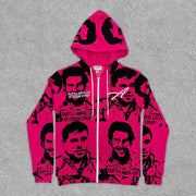 statement zip print graphic hoodie