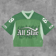 All No. 69 Mesh Patchwork Printed V-neck T-shirt