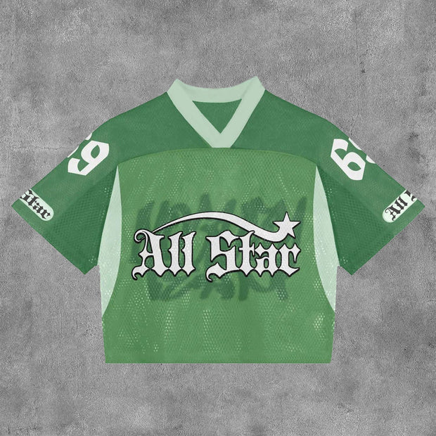 All No. 69 Mesh Patchwork Printed V-neck T-shirt