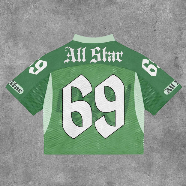 All No. 69 Mesh Patchwork Printed V-neck T-shirt