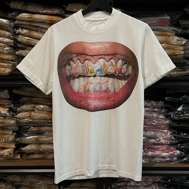Jesus Lips Print Short Sleeve T-Shirt