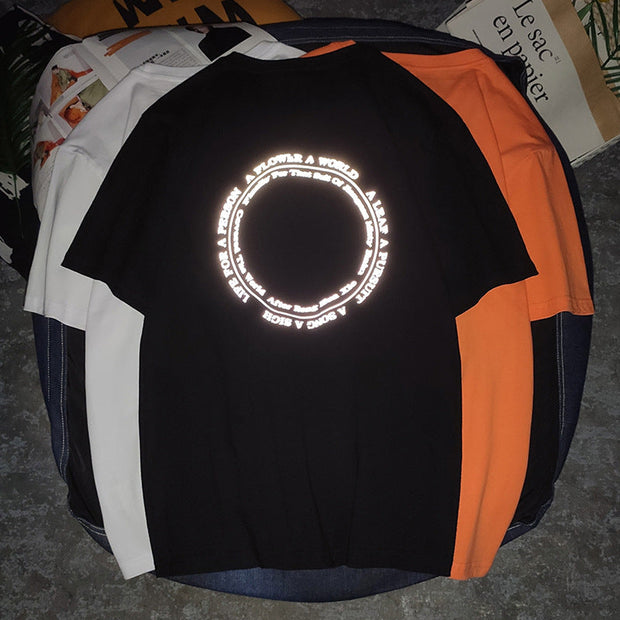 Reflective printed combed cotton round neck short-sleeved top