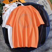 Reflective printed combed cotton round neck short-sleeved top