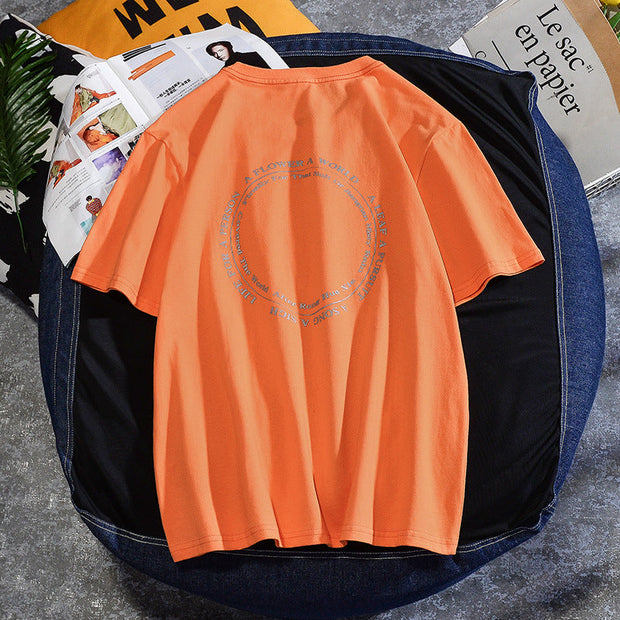 Reflective printed combed cotton round neck short-sleeved top