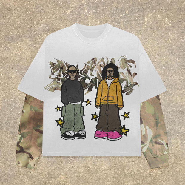 Fake Two Cartoon Print Long Sleeve T-Shirt