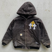 Washed distressed cross patch embroidery long sleeve zipper thickened jacket
