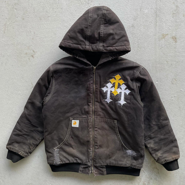 Washed distressed cross patch embroidery long sleeve zipper thickened jacket