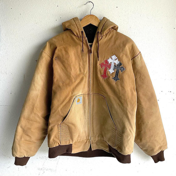 Washed distressed cross patch embroidery long sleeve zipper thickened jacket