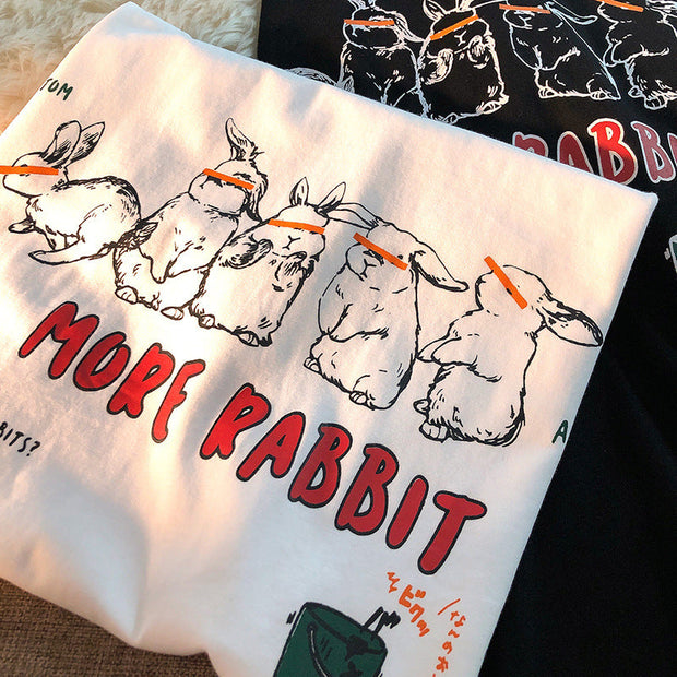 Naughty Bunny American Retro Print Short Sleeve Crew Neck T-shirt