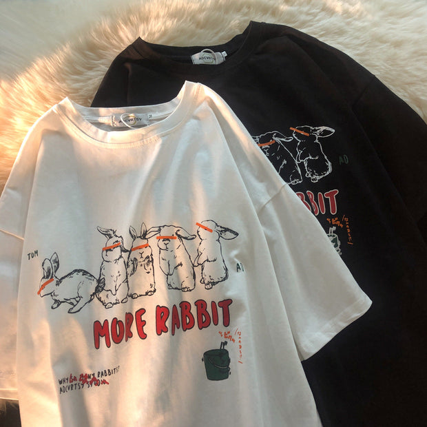 Naughty Bunny American Retro Print Short Sleeve Crew Neck T-shirt