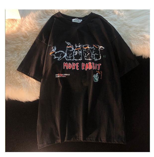 Naughty Bunny American Retro Print Short Sleeve Crew Neck T-shirt