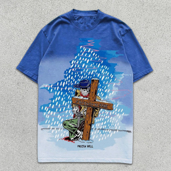 Skull Print Gradient Short Sleeve T-Shirt