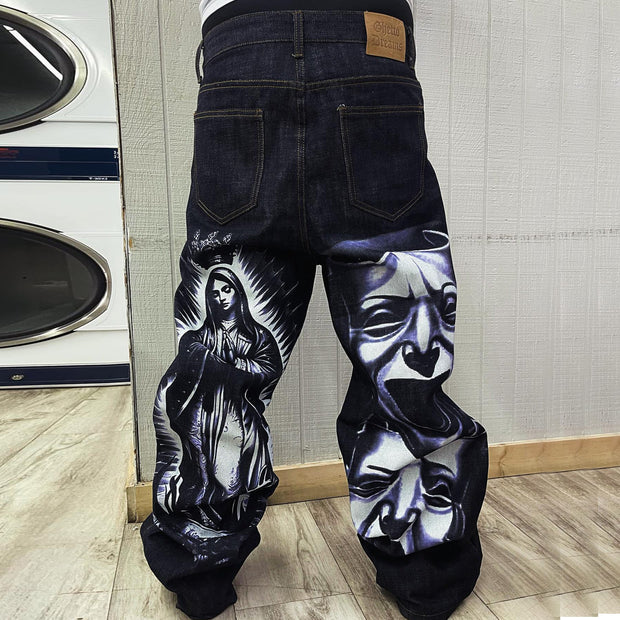Skull Virgin Mary Print Jeans