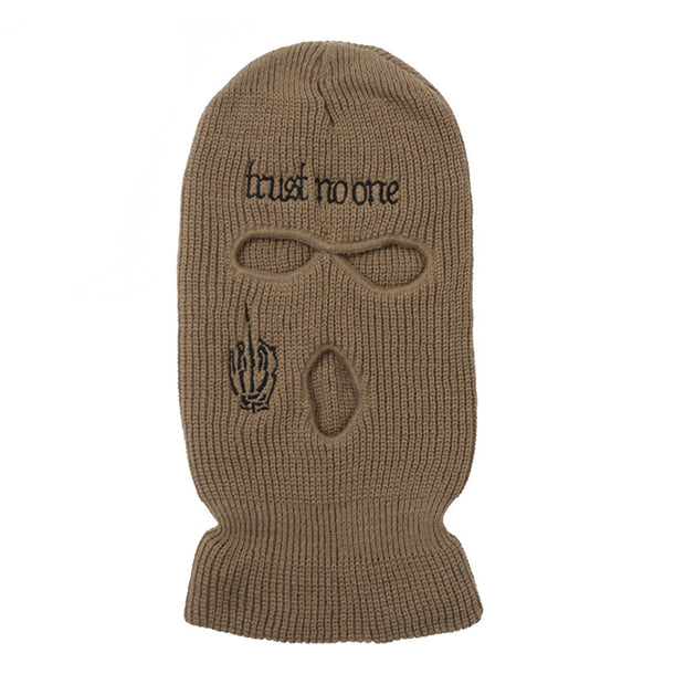 Embroidered warm letter wool hat outdoor windproof hip-hop mask head cover three-hole knitted hat