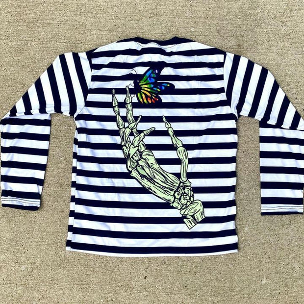 Fashion Striped Print Skull Fashion Street Long Sleeve T-Shirt