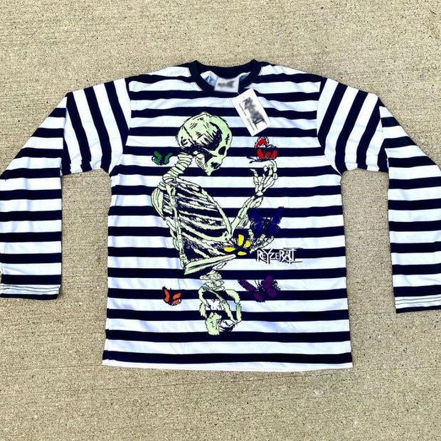 Fashion Striped Print Skull Fashion Street Long Sleeve T-Shirt