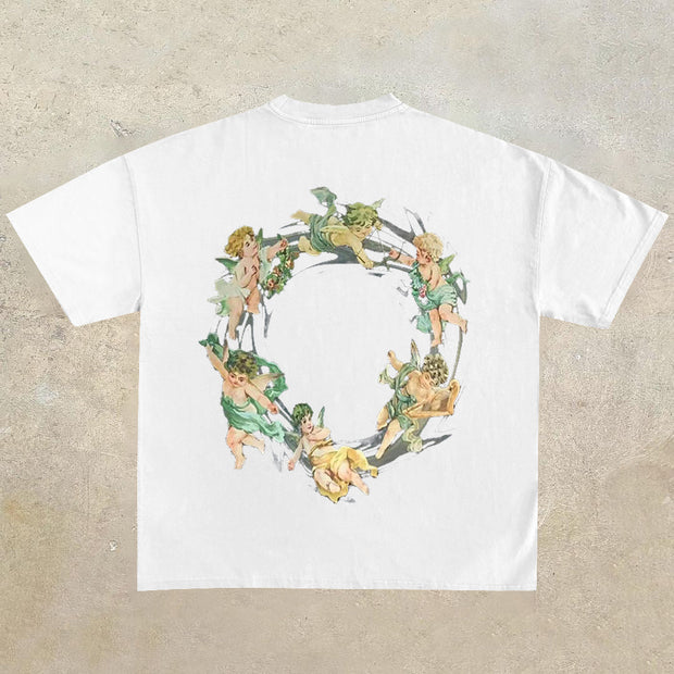 Street Retro Trend Half Sleeve Angel Print T-Shirt