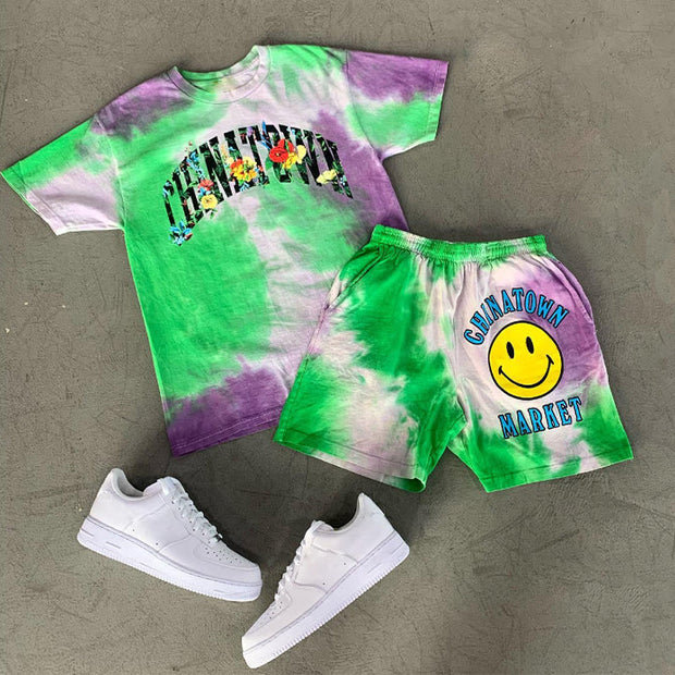 Smiley Print Tie Dye Short Sleeve Two Piece