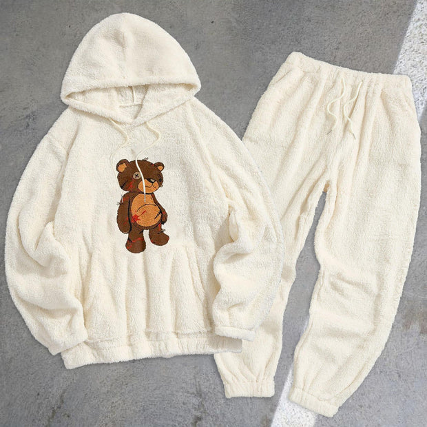 Chic Casual College Bear Pattern Plush Hoodie Set