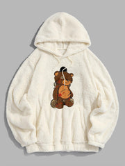 Chic Casual College Bear Pattern Plush Hoodie Set