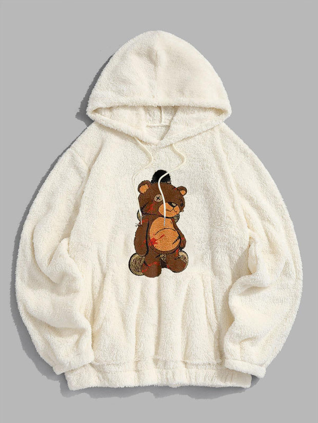 Chic Casual College Bear Pattern Plush Hoodie Set