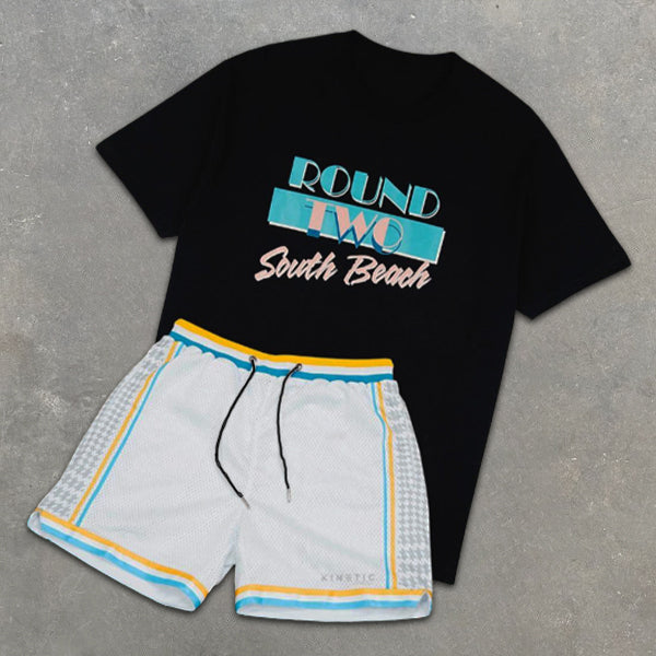 Graphic Print Short Sleeve Colorblock Shorts Two-Piece Set