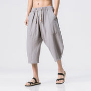 Loose harem pants linen pants lace-up solid color cotton and linen cropped pants