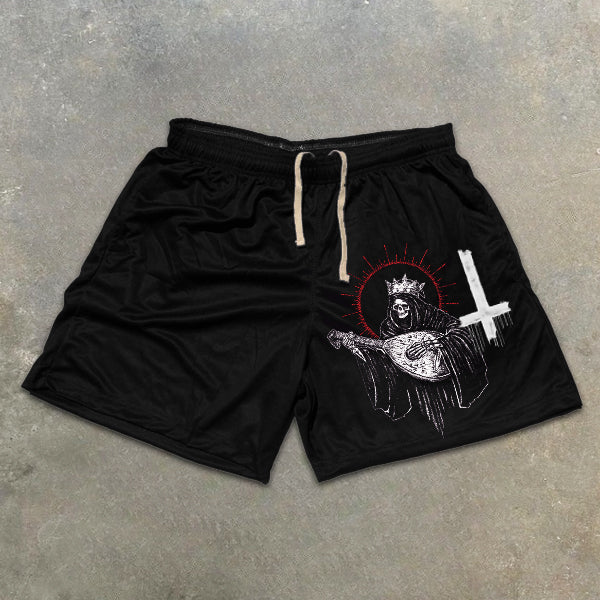 Skull Guitar Graphic Print Elastic Shorts