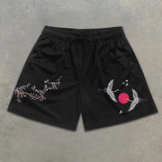 Sakura and Crane Graphic Print Elastic Shorts