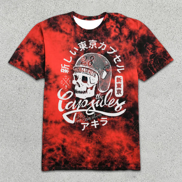 Skull Print Tie-Dye Short Sleeve T-Shirt