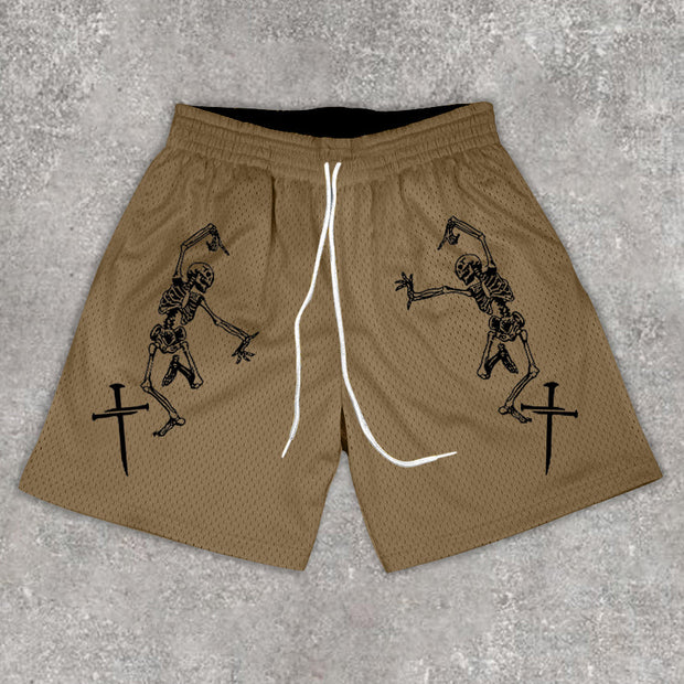 Casual Print Skull Mesh Shorts