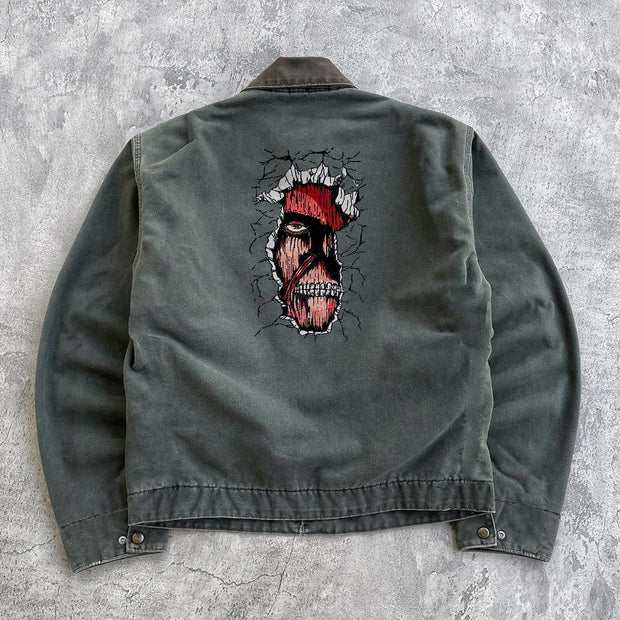 Personalized Comic Printed Long Sleeve Zipper Multi-Pocket Jacket