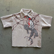 spider print tapestry zip short sleeve jacket